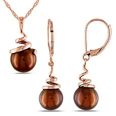 14K Rose Gold 8-8.5mm Brown Cultured Pearl Spiral Earrings and Pendant