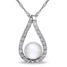 14K White Gold Cultured Freshwater Pearl Diamond Raindrop Pendant