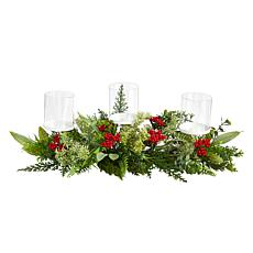 20” Holiday Winter Greenery and Berries Triple Candle Holder