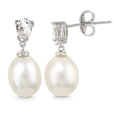 8-9mm Cultured Pearl and Created White Sapphire Drop Earrings