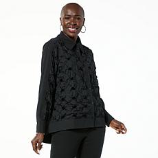 "As Is" Antthony Long-Sleeve Lace Button-Down Rose Soutache Top