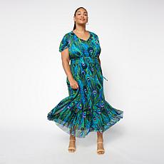"As Is" C Wonder Mesh Printed Flutter Sleeve Tiered Dress