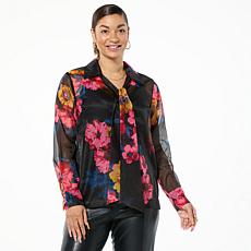 "As Is" Colleen Lopez Button Front Chiffon Blouse with Tie Neck