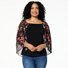 "As Is" Colleen Lopez Off Shoulder Knit Tank with Print Woven Cape