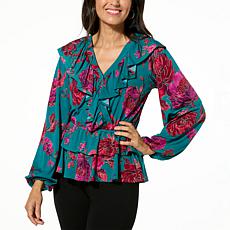"As Is" Colleen Lopez Printed Knit Ruffle Blouse