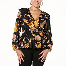 "As Is" Colleen Lopez Printed Knit Ruffle Blouse