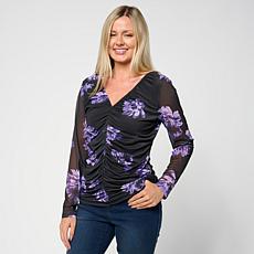"As Is" Colleen Lopez Printed Ruched Mesh Knit Top