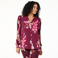 "As Is" Colleen Lopez Printed Woven Crepe Blouson Sleeve Blouse