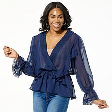 "As Is" Colleen Lopez Woven Chiffon Ruffled Top with Lace Trim