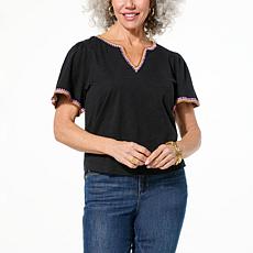 "As Is" Democracy Crochet Trim Bell-Sleeve Knit Top