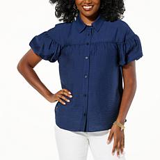 "As Is" DG2 by Diane Gilman Balloon-Sleeve Button-Up Blouse