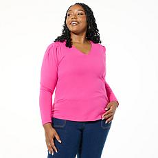 "As Is" DG2 by Diane Gilman Cotton Knit Pleated Curtain Shoulder Top