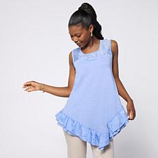"As Is" DG2 by Diane Gilman Cotton Modal Slub-Embellished Ruffle Ta...