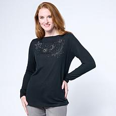 "As Is" DG2 by Diane Gilman Embellished Boat-Neck Long-Sleeve Top