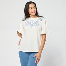 "As Is" DG2 by Diane Gilman Embroidered Flutter Sleeve Top