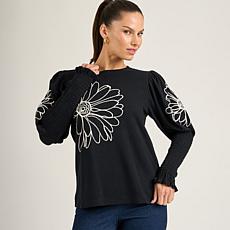 "As Is" DG2 by Diane Gilman Embroidered Juliette-Sleeve Sweater
