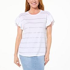 "As Is" DG2 by Diane Gilman Flounce-Sleeve Top with Crystal Embelli...