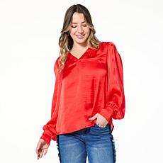 "As Is" DG2 by Diane Gilman Hammered Satin Draped Sleeve Blouse
