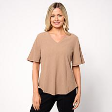 "As Is" DG2 by
Diane Gilman Knit Plisse Puff Sleeve V-neck Top