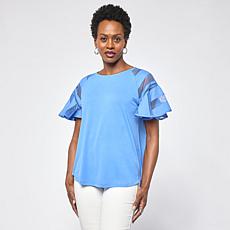 "As Is" DG2 by Diane Gilman Lace Combo Flutter Sleeve Top