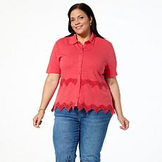 "As Is" DG2 by Diane Gilman Lace Inset Knit Button-Up Shirt