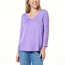 "As Is" DG2 by Diane Gilman Lace Inset V-Neck Top
