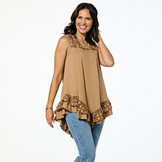 "As Is" DG2 by Diane Gilman Mixed Media Eyelet Knit Ruffled Tank