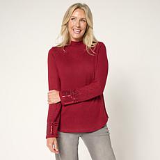 "As Is" DG2 by Diane Gilman Mock-Neck Embellished Sleeve Knit Top