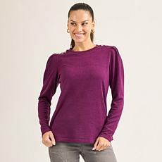 "As Is" DG2 by Diane Gilman Novelty Button Crew Neck Top