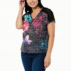 "As Is" DG2 by Diane Gilman Printed Burnout Knit Dolman-Sleeve Top