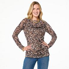 "As Is" DG2 by Diane Gilman Printed Mesh Boat-Neck Top