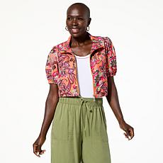 "As Is" G by Giuliana Court to Resort Printed Puff-Sleeve Cropped J...