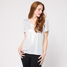 "As Is" G by Giuliana Shirred Sleeve V-Neck Shimmer Top