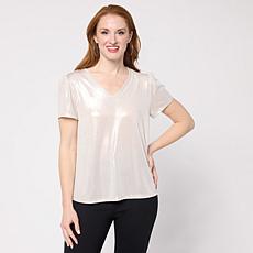"As Is" G by Giuliana Shirred Sleeve V-Neck Shimmer Top
