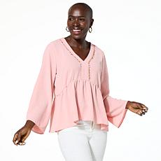 "As Is" G by Giuliana Textured Woven Crepe Peplum Top with Beaded Trim