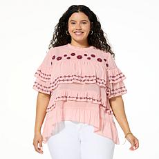 "As Is" G by Giuliana Woven Embroidered Ruffle Top