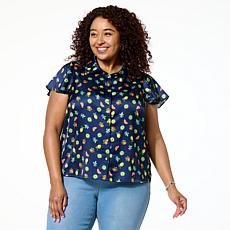 "As Is" G by Giuliana Woven Flounce-Sleeve Novelty Button-Up Blouse