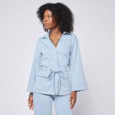 "As Is" Grey by Jhoan Sebastian Grey Knit Denim 3/4 Sleeve Collared...