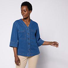 "As Is" HUE V-Neck Denim Jacket with 3/4 Sleeves