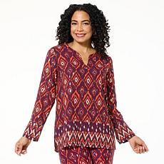 "As Is" IMAN Global Chic Woven V-Neck Placket Top with Foil Detail