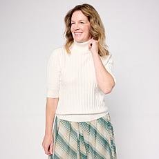 "As Is" Jaclyn Smith Elbow-Sleeve Turtleneck Sweater with Cable Sti...