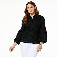 "As Is" Jaclyn Smith Poet-Sleeve Woven Eyelet Button-Up Shirt