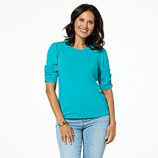 "As Is" Jaclyn Smith Ruched Puff-Sleeve Cotton Slub Knit Tee