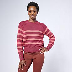 "As Is" Jaclyn Smith Striped Raglan Cable Knit Crew Neck Sweater