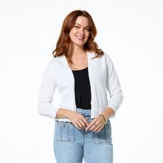 "As Is" Nina Leonard 3/4-Sleeve Knit Bolero with Ruffled Pointelle Hem