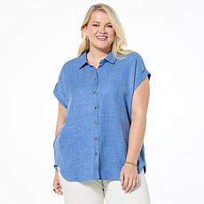 "As Is" Nina Leonard Collared Button Front Dolman-Sleeve Shirt