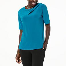 "As Is" Nina Leonard Elbow Sleeve Peek-a-Boo Top