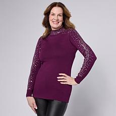 "As Is" Nina Leonard Long-Sleeve Mock-Neck Embellished Sweater Top