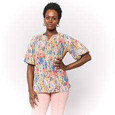 "As Is" Nina Leonard Print Textured Wave Bubble-Sleeve Shirt