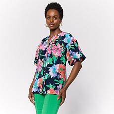 "As Is" Nina Leonard Print Textured Wave Bubble-Sleeve Shirt